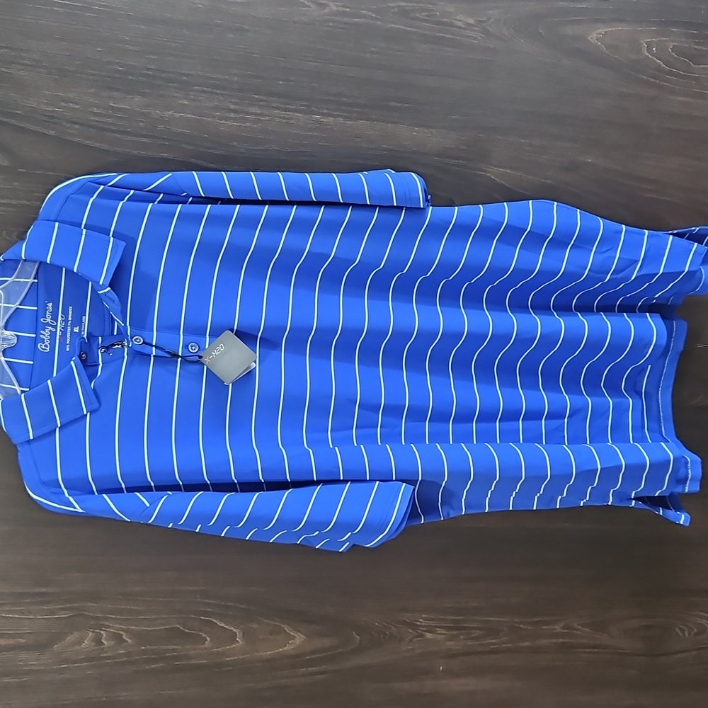 Bobby Jones men's XL blue and white striped golf polo shirt NWT‎